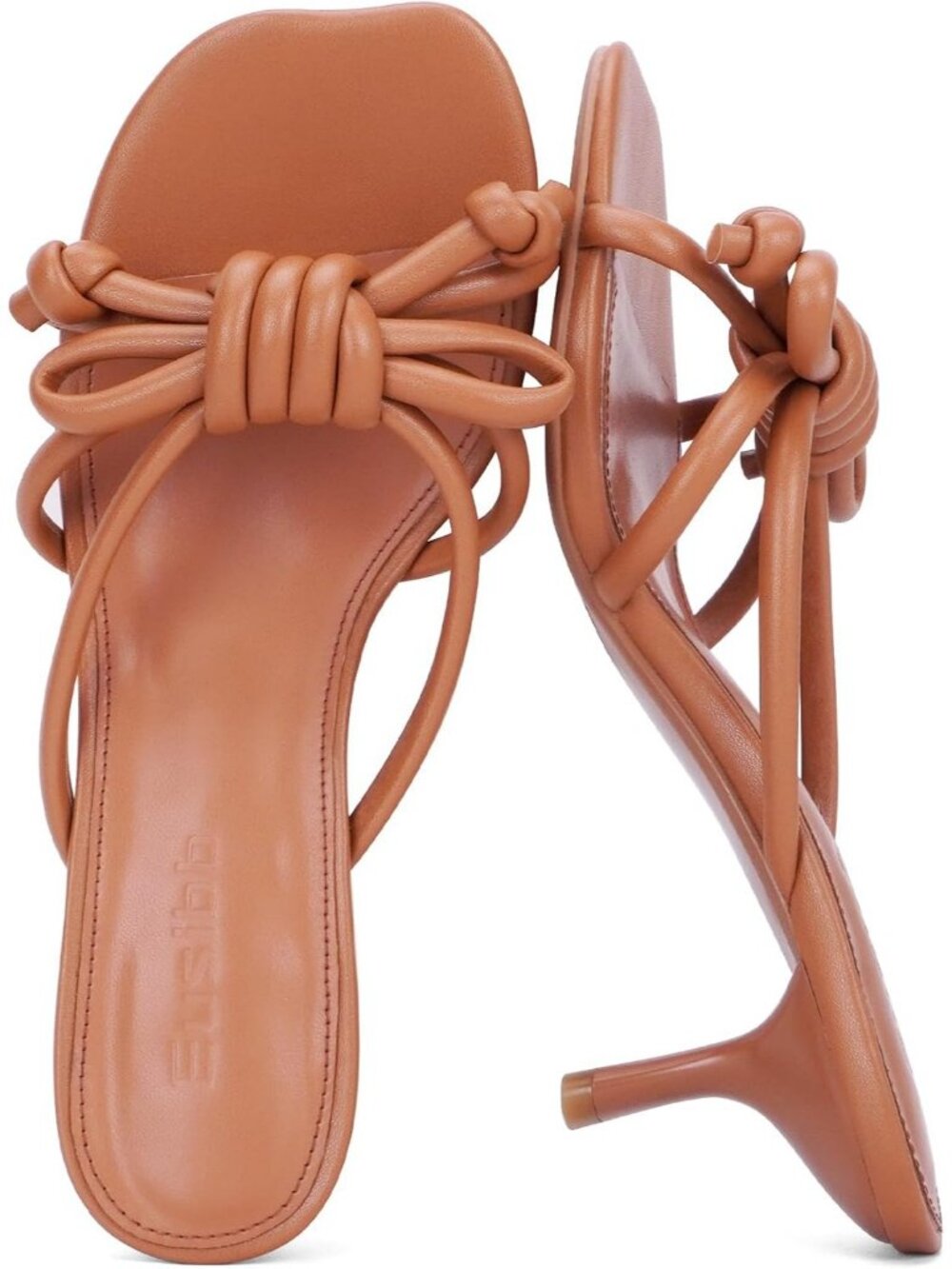 Women's Brown Rubber Knot Strap Open Toe Kitten Heel Slip On Comfortable Sandals